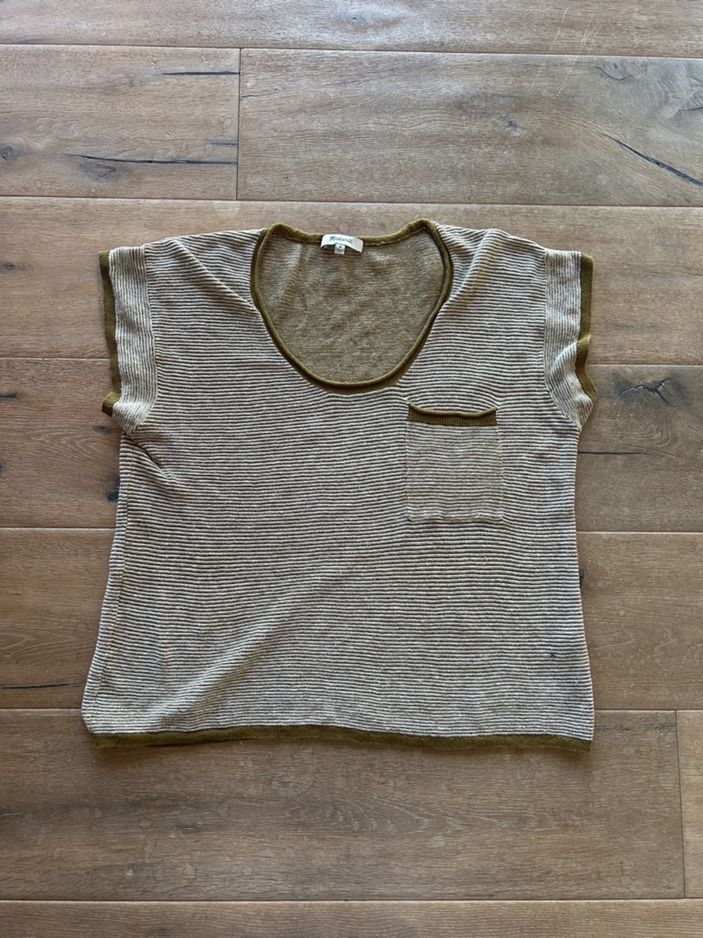 Madewell Olive-Trim Beige Striped Scoop Neck Tee